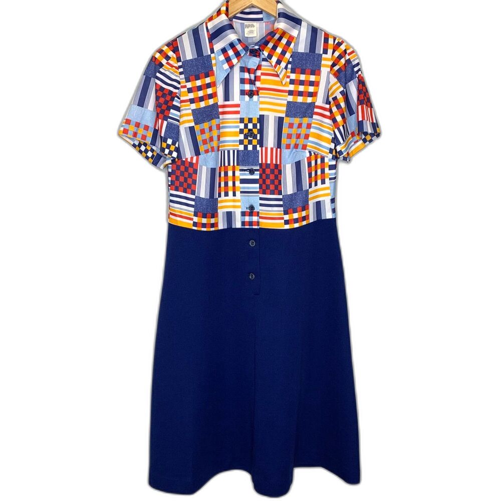 VTG 70's 2 pc Womens Dress Graphic Print Mixed Media Button Front Union Label